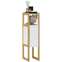 Mobile Bagno Salvaspazio con Porta Carta Igienica, Armadietto e Ripiano in Bambù, 20x33x80cm, Bianco