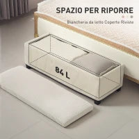 Panca Fondo Letto con Spazio Contenitore da 84L, in Tessuto Effetto Velluto a Coste e Acciaio, 112x42x40 cm, Beige