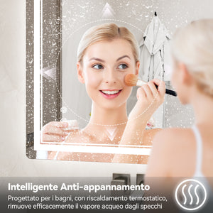 Specchio da Bagno LED 50x70cm - RATTANTREE - Specchio per il Trucco con Illuminazione a 3 colore con controllo a sfioramento - Specchio da Bagno Antiappannamento