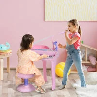 Pianoforte Giocattolo per Bambini , Strumento Musicale Elettrico con 37 Tasti Luminosi, Microfono e Sgabello Inclusi, 48x39x69 cm, Rosa