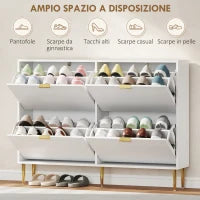 Scarpiera Slim per 20 Paia di Scarpe con 4 Cassetti a Ribalta e Ripiani Regolabili, 105x24x91.5 cm, Bianco
