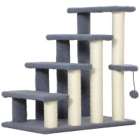 Scala per Gatti a 4 Livelli Coperto di Morbida Franela Palo di Sisal Palla Appesa 60x40x64 cm Grigio