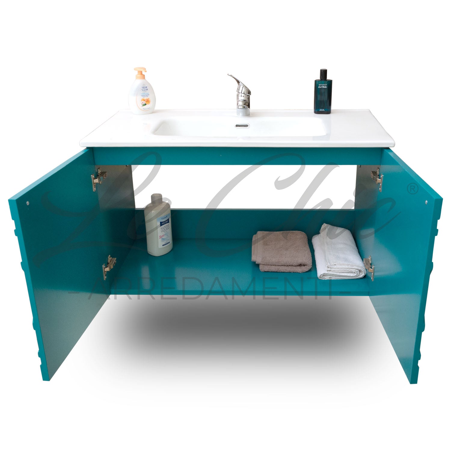 Mobile moderno sospeso Luxury verde smeraldo - 100 cm, Specchiera led sasso