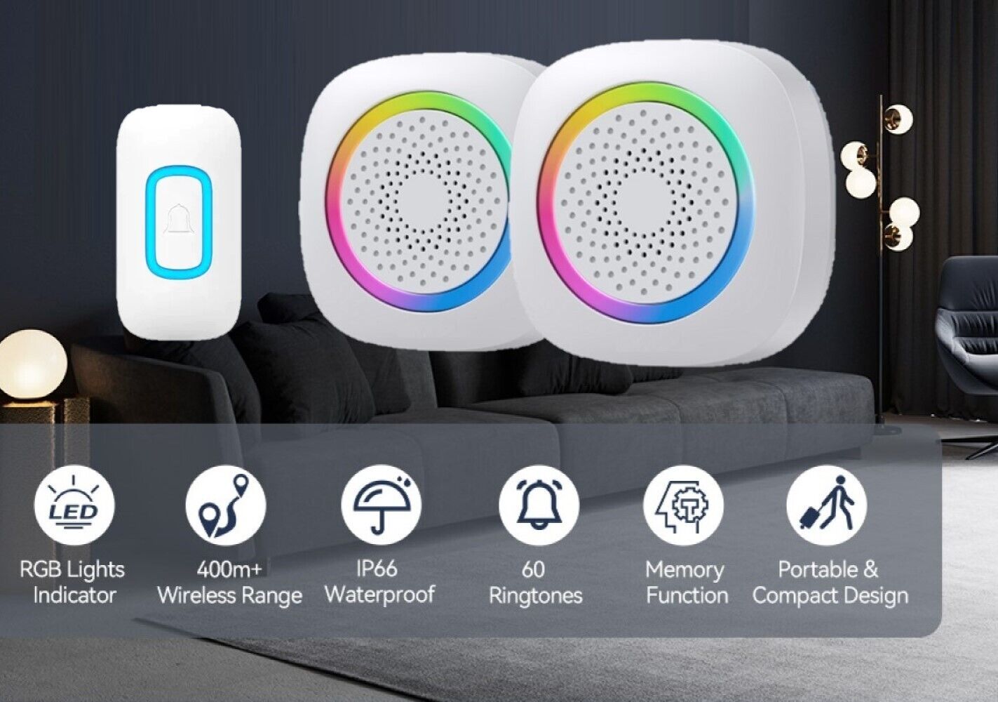 2 CAMPANELLI SENZA FILI WIRELESS 2 ricevitori luce RGB 60 melodie RL-2R3995