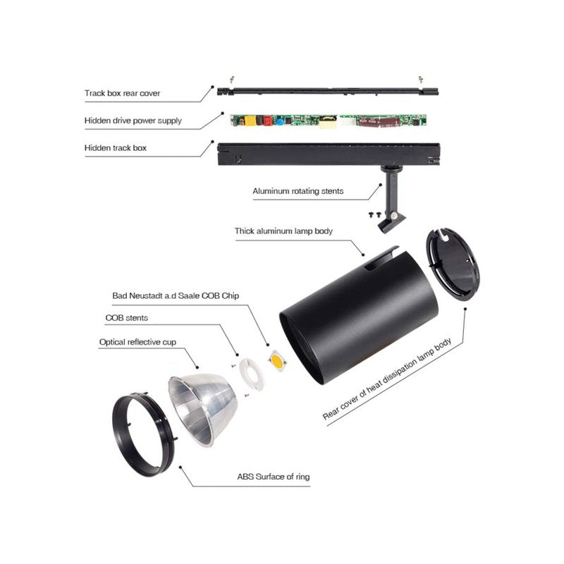 2 Kit Fari LED Binario Trifase 30W 4000LM, Corpo Nero Luce 3000K, CRI>90 UGR<19 Angolo 120°, D85X128mm, Driver Alimentatore a Scomparsa Lunga 289mm CB58130BC