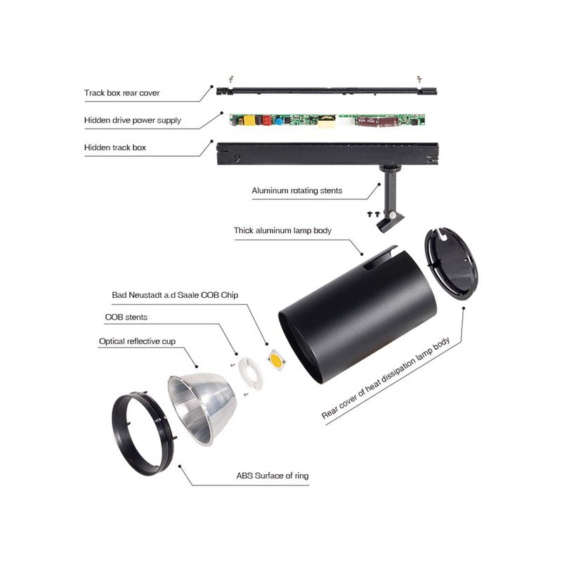 2 Kit Fari LED Binario Trifase 30W 4000LM, Corpo Nero Luce 4000K, CRI>90 UGR<19 Angolo 120°, D85X128mm, Driver Alimentatore a Scomparsa Lunga 289mm CB58130BN