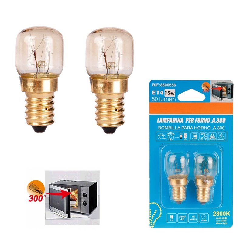 2 Lampadine Forno Microonde E14 ST22 15W 230V 80lm 2800K Resiste fino a 300 Gradi