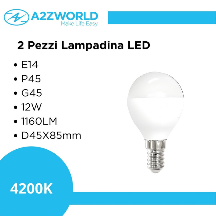 2 Pezzi Lampadina A Led, E14 P45 G45 12W 1160LM Bianco Neutro 4200K D45X85mm