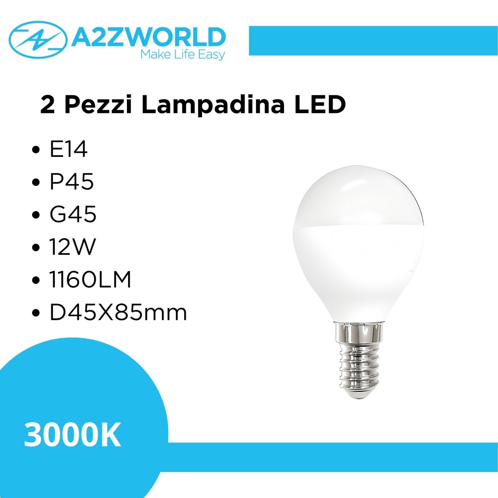 2 Pezzi Lampadina LED, E14 P45 G45 12W 1160LM Bianco Caldo 3000K D45X85mm