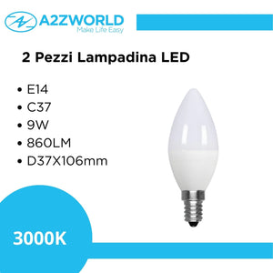 2 Pezzi Lampadina LED, Lampadina E14 C37 9W 860LM Bianco Caldo 3000K D37X106mm