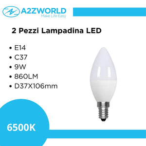 2 Pezzi Lampadina LED, Lampadina E14 C37 9W 860LM Bianco Freddo 6500K D37X106mm