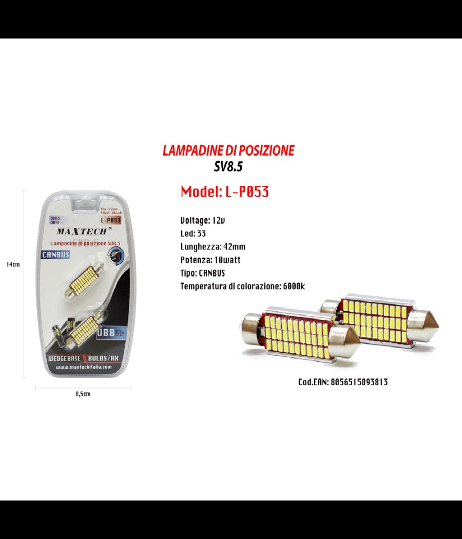 2 Coppie Lampadine Posizione Sv8.5 Canbus Maxtech L-p053 12v 42mm 33led 10w 6000k         