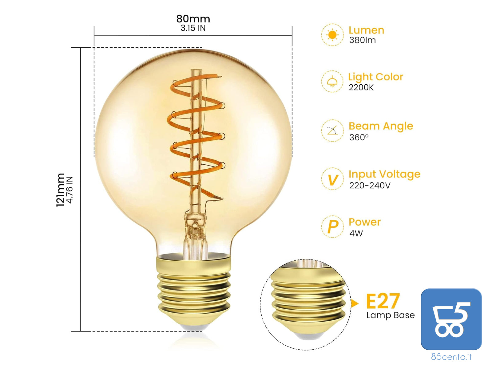 2 pz Lampadina G80 a Vite Edison 4W E27 Filamento LED Vintage Bianco caldo 2200K Vetro ambrato 380LM a Spirale Retrò