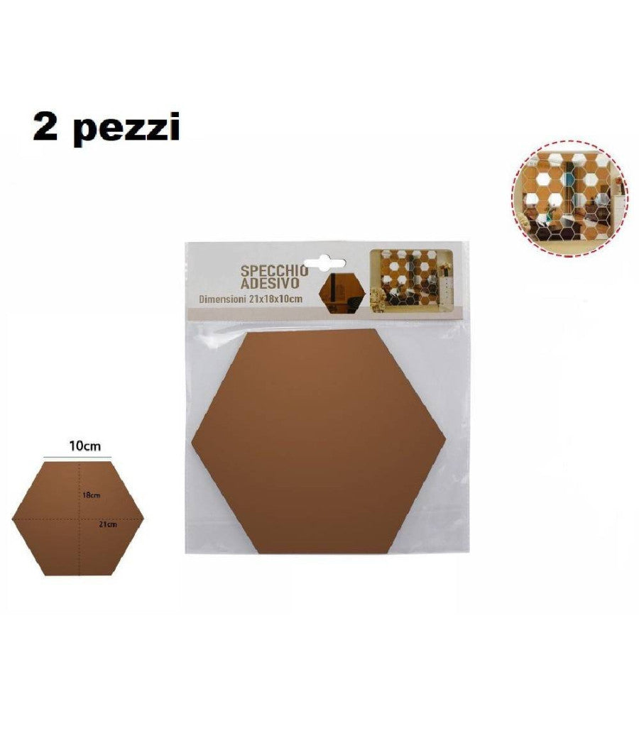 2 Pz Specchio Adesivo Esagonale Adesiva Murale Arredamento Casa 21x18x10cm 70876         