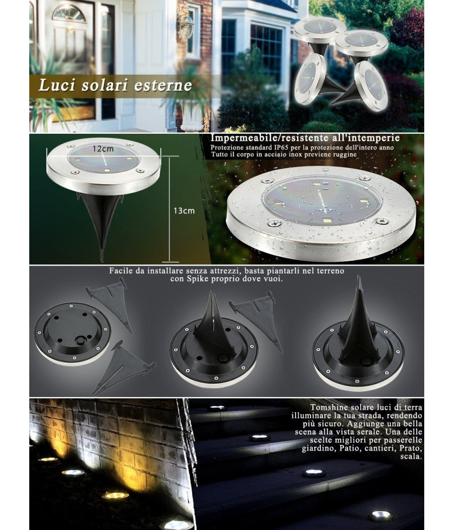 2 X Lampada Luce Led Solare Disk Lights Esterno Giardino Waterproof Segna Passo         