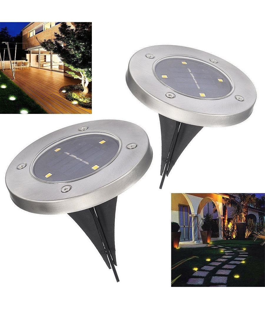 2 X Lampada Luce Led Solare Disk Lights Esterno Giardino Waterproof Segna Passo         