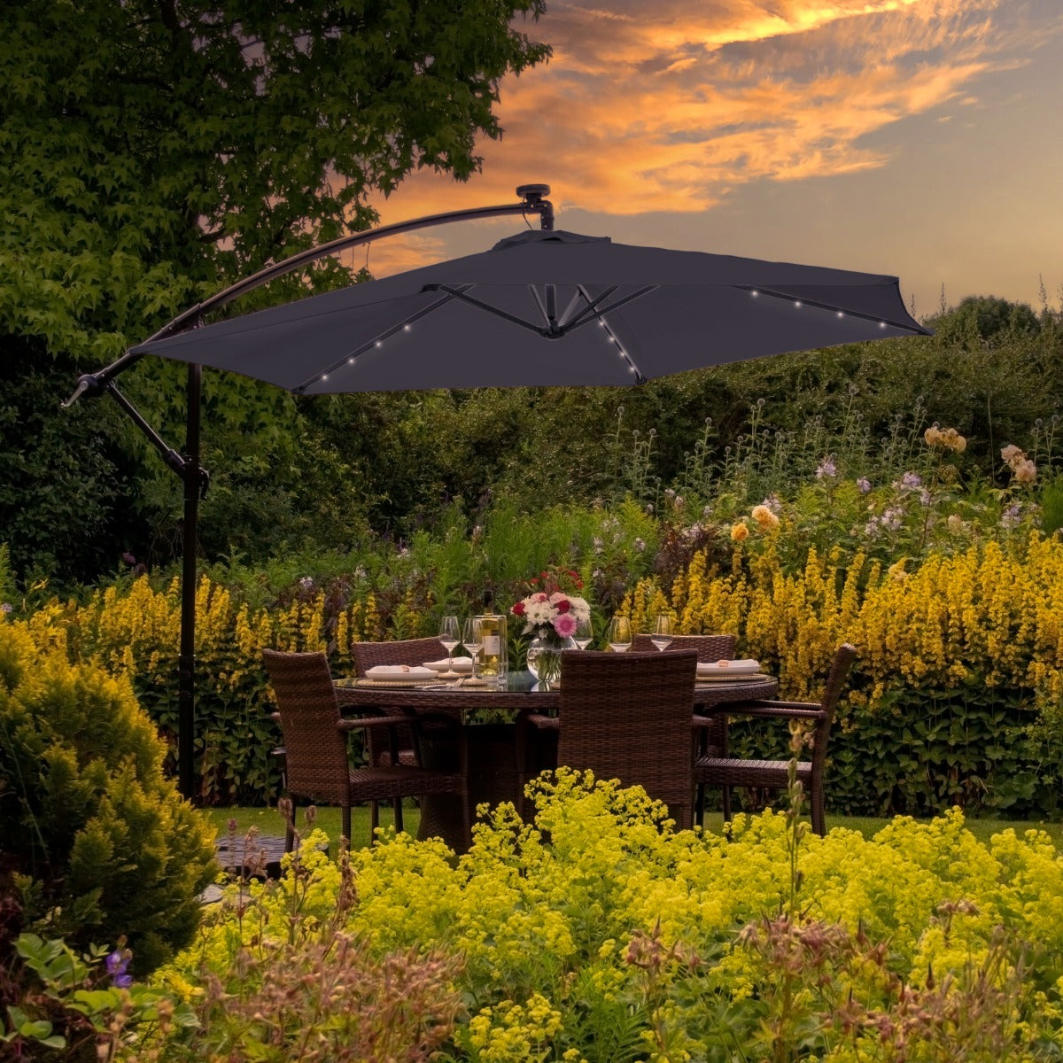 Ombrellone da Giardino Decentrato 3x3m 24 LED Solari & Base Tonda - Grigio