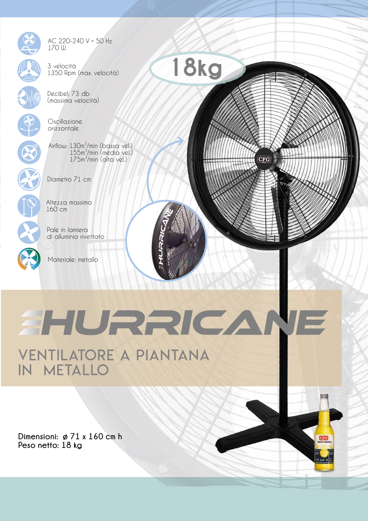 CFG Ventilatore A Piantana in Metallo 170w Ø 71 Oscillante Hurricane New Ev065
