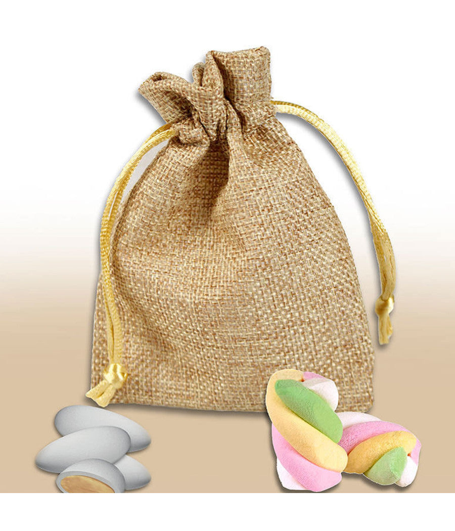 20 Sacchetti In Tessuto Juta Porta Confetti Marrone Bomboniera Festa 9x12 Cm         