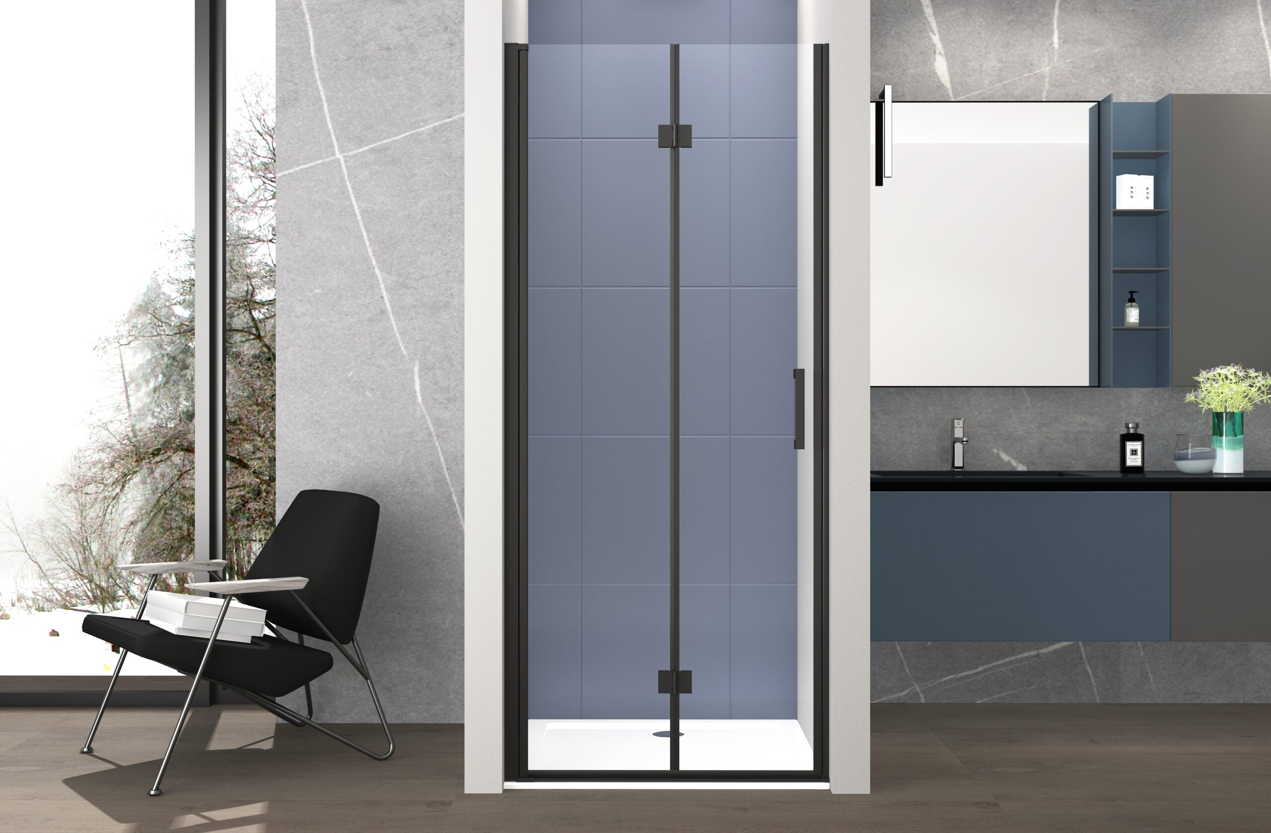 Box doccia 110 cm apertura a SOFFIETTO nicchia H200 cm cristallo 6mm profilo Nero Opaco LIAM