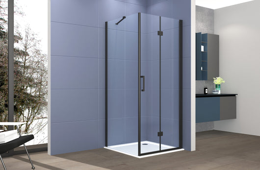Box doccia Angolare 80x80 cm porta a soffietto + fisso H200 cm cristallo 6 mm profilo NERO OPACO ZAIRA