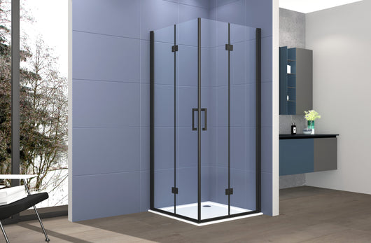 Box doccia angolare 100x100 cm apertura due porte soffietto H200 cm cristalli trasparente 6mm profilo Nero Opaco ELIO