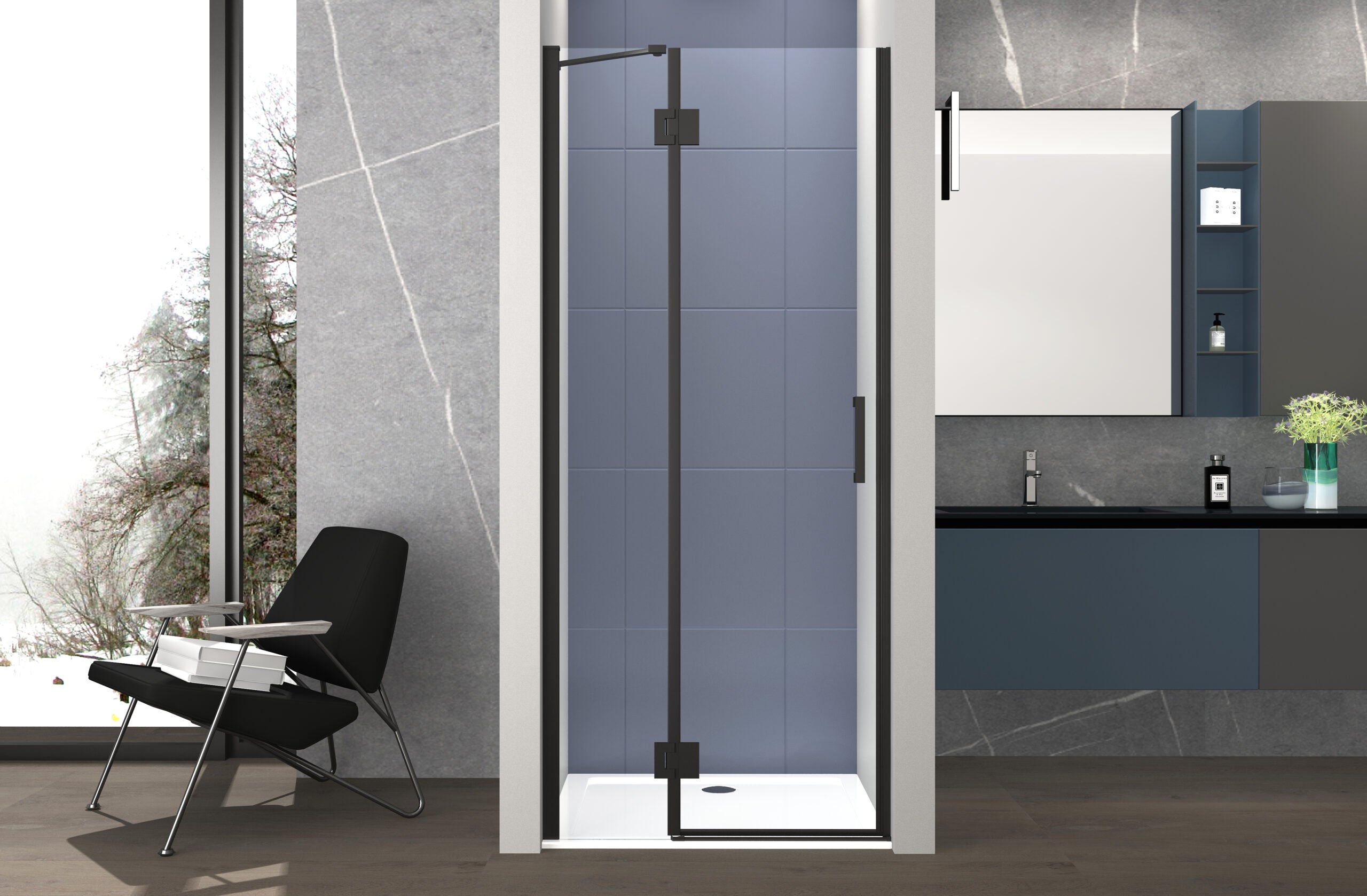 Box doccia 90 cm anta singola ad UN BATTENTE per nicchia H200 cm cristallo anticalcare trasparente 6mm profilo NERO OPAC