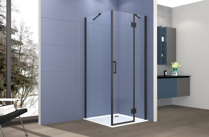 Box doccia 2 lati 80x110 cm fisso + porta un battente H200 cm cristallo 6mm profilo Nero Opaco PIPPO