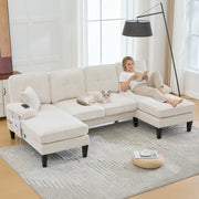 Divano a U 4 posti in corduroy con tasche laterali, schienale ergonomico e seduta imbottita beige 250 × 130 × 88 cm