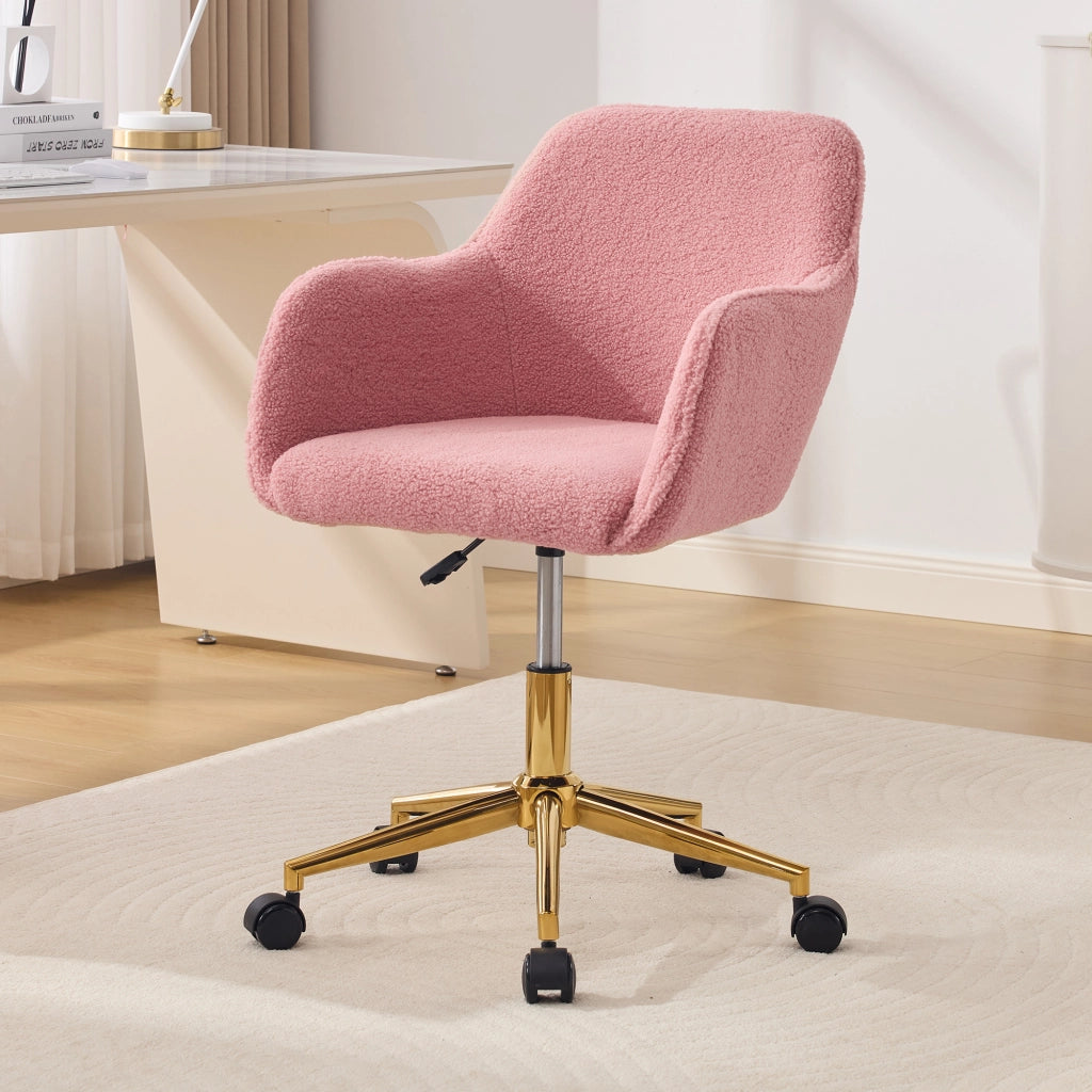 Sedia girevole da ufficio in tessuto Teddy rosa, altezza regolabile, base dorata, rotazione 360°