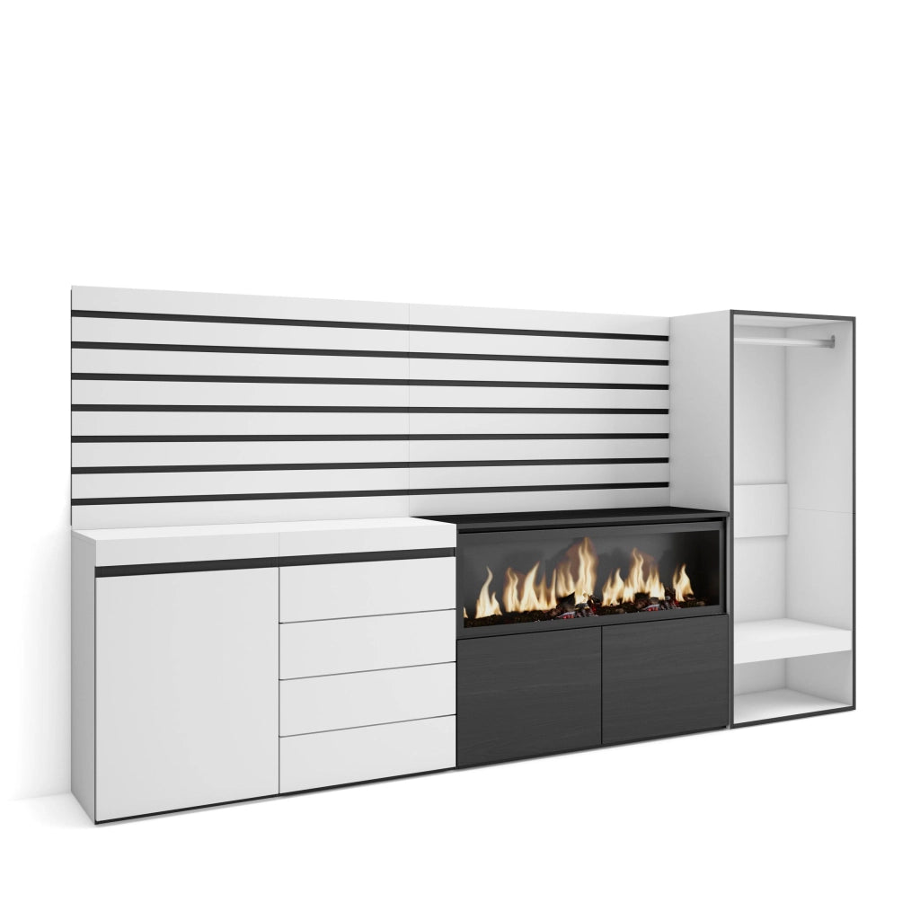 Credenza, 274x35x145cm, Camera da letto, Camino elettrico XXL, Cassettiera, Armadio Aperto, Bianco RF3387