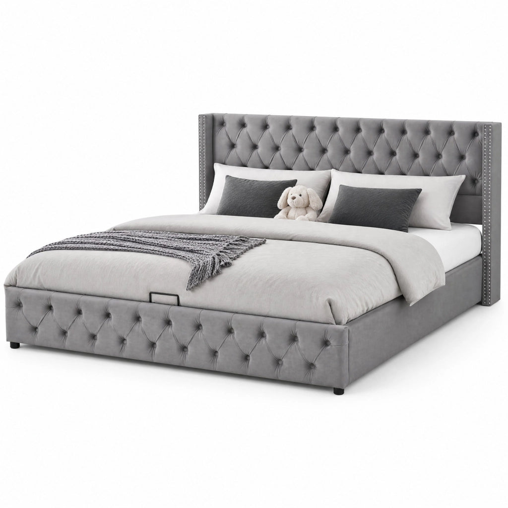 Letto matrimoniale imbottito Chesterfield con contenitore 140x190 cm in velluto grigio