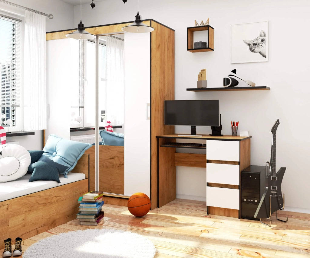 Scrivania per computer AKORD A6 Quercia Craft 90 cm 3 cassetti inserto frontale Bianco 90x50x77 cm Modello a destra