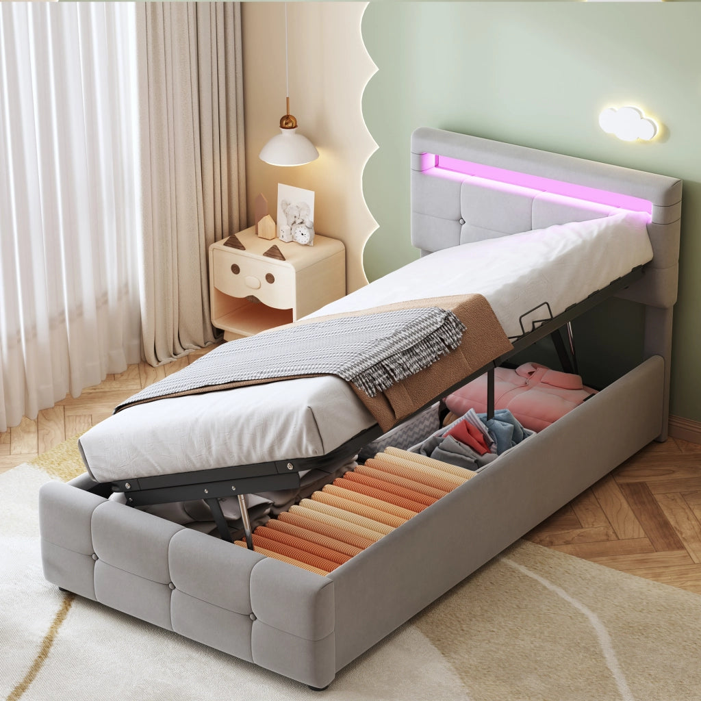 Letto bambino – 90x200 cm – LED contenitore idraulico testiera regolabile – velluto grigio