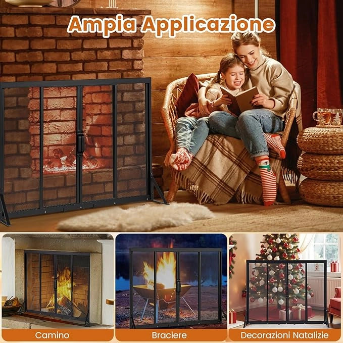 Griglia Parascintille Camino con 2 Pannelli Scorrevoli, Maniglie Convenienti e Telai di Supporto a Triangolo, Ventilazione Eccellente, Schermo per Camino in Rete Metallica (89 x 72 cm)