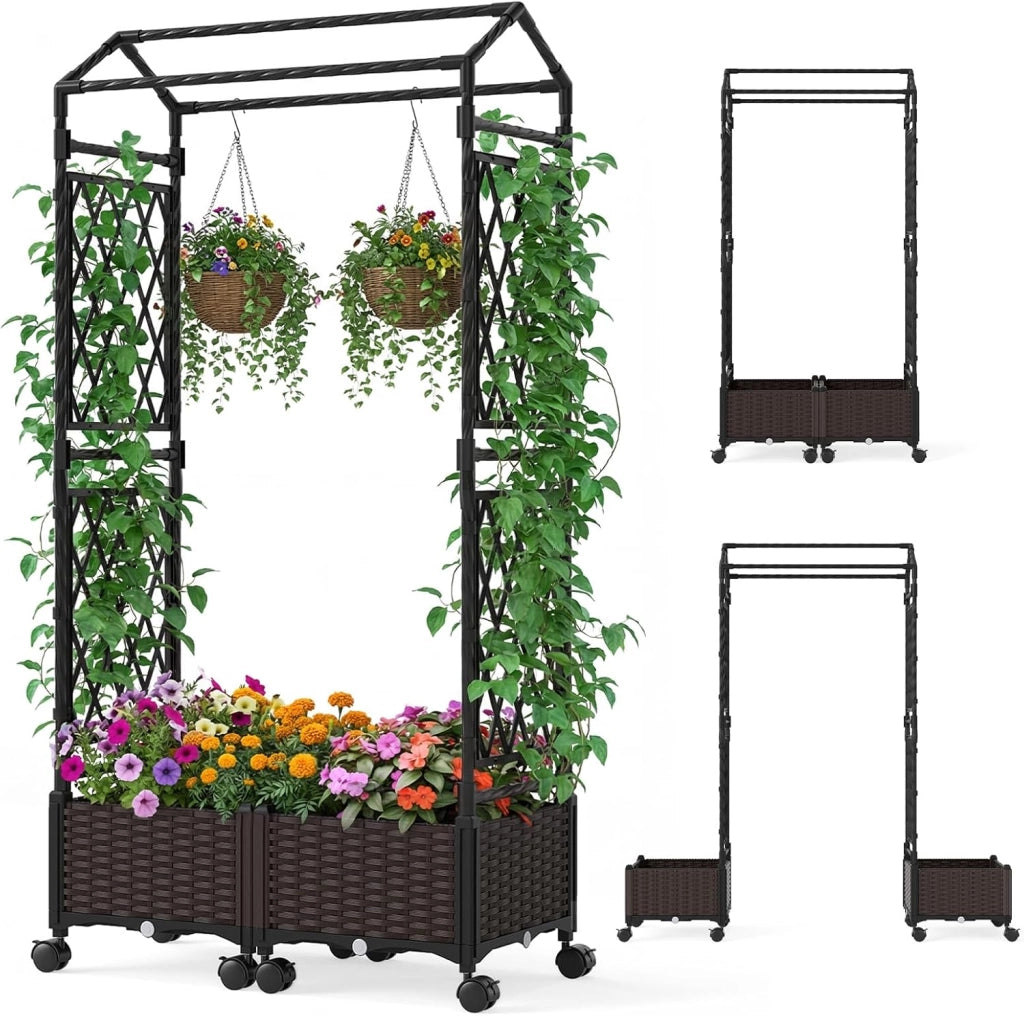 Fioriera Rialzata da Giardino con Grigliato, Tetto, Ruote Bloccabili e Irrigazione Automatica, Letto da Giardino Rialzato Alto in Rattan Impermeabile per Piante Rampicanti (Marrone)