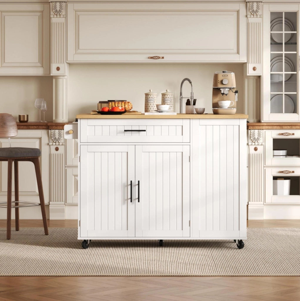 Isola da cucina con piano ribaltabile 130x70x93 cm in MDF bianco; con ruote e cassettone