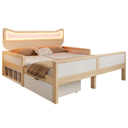 Letto con Sponda 140 x 200 cm - LED; Cassetto e Vano Contenitore - Bianco Rovere