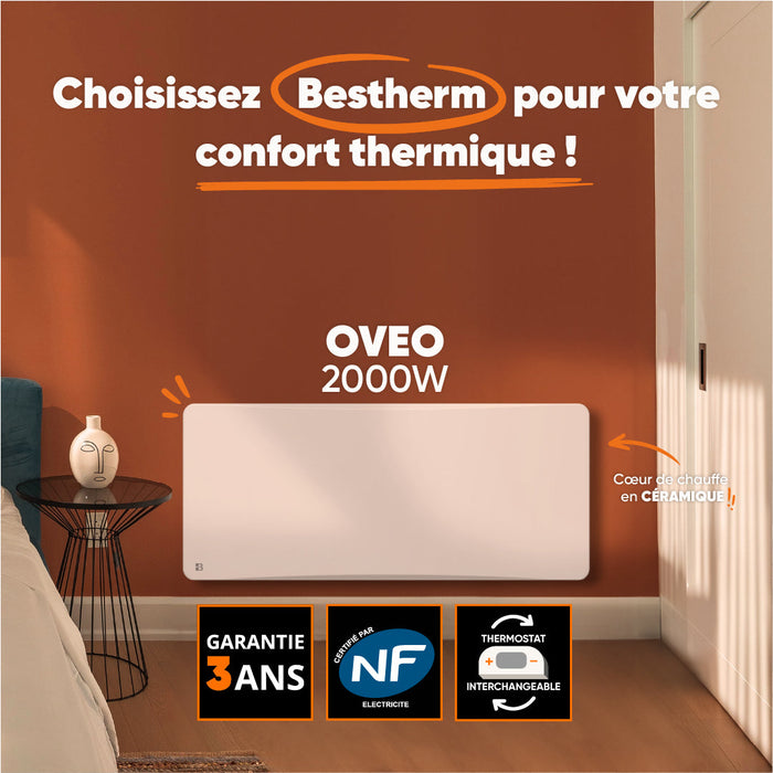 Radiatore elettrico fisso ad inerzia secca ceramica 2000W plug & play OVEO orizzontale bianco