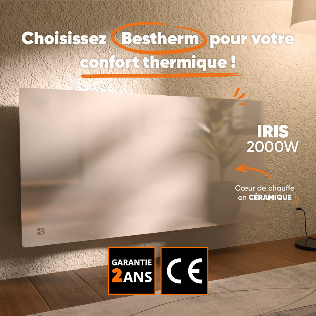 Radiatore elettrico fisso con frontale in vetro ceramico ad inerzia secca 2000W IRIS orizzontale bianco