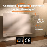 Radiatore elettrico fisso con frontale in vetro ceramico ad inerzia secca 2000W IRIS orizzontale bianco