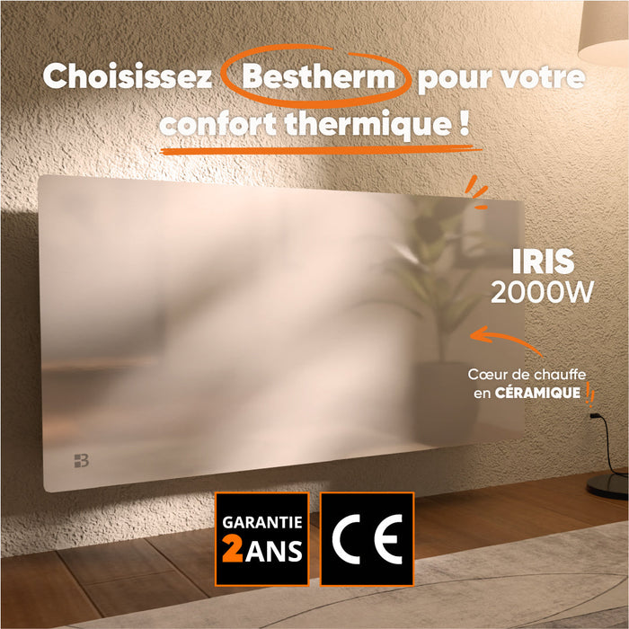 Radiatore elettrico fisso con frontale in vetro ceramico ad inerzia secca 2000W IRIS orizzontale bianco