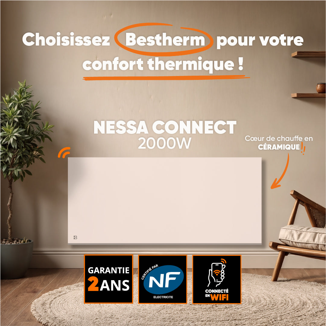 Radiatore elettrico fisso connesso WIFI con inerzia ceramica a secco 2000W NESSA CONNECT orizzontale bianco