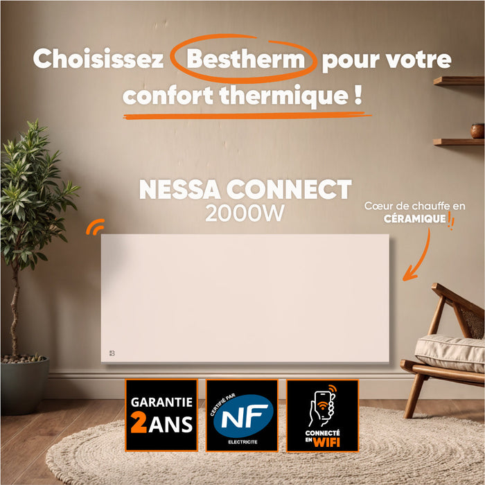 Radiatore elettrico fisso connesso WIFI con inerzia ceramica a secco 2000W NESSA CONNECT orizzontale bianco