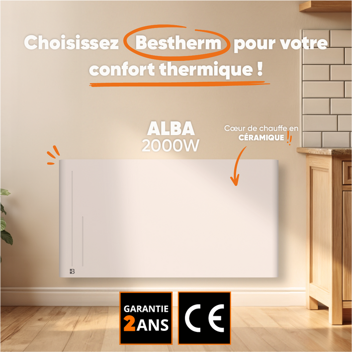 Radiatore elettrico fisso ad inerzia ceramica a secco 2000W ALBA orizzontale bianco