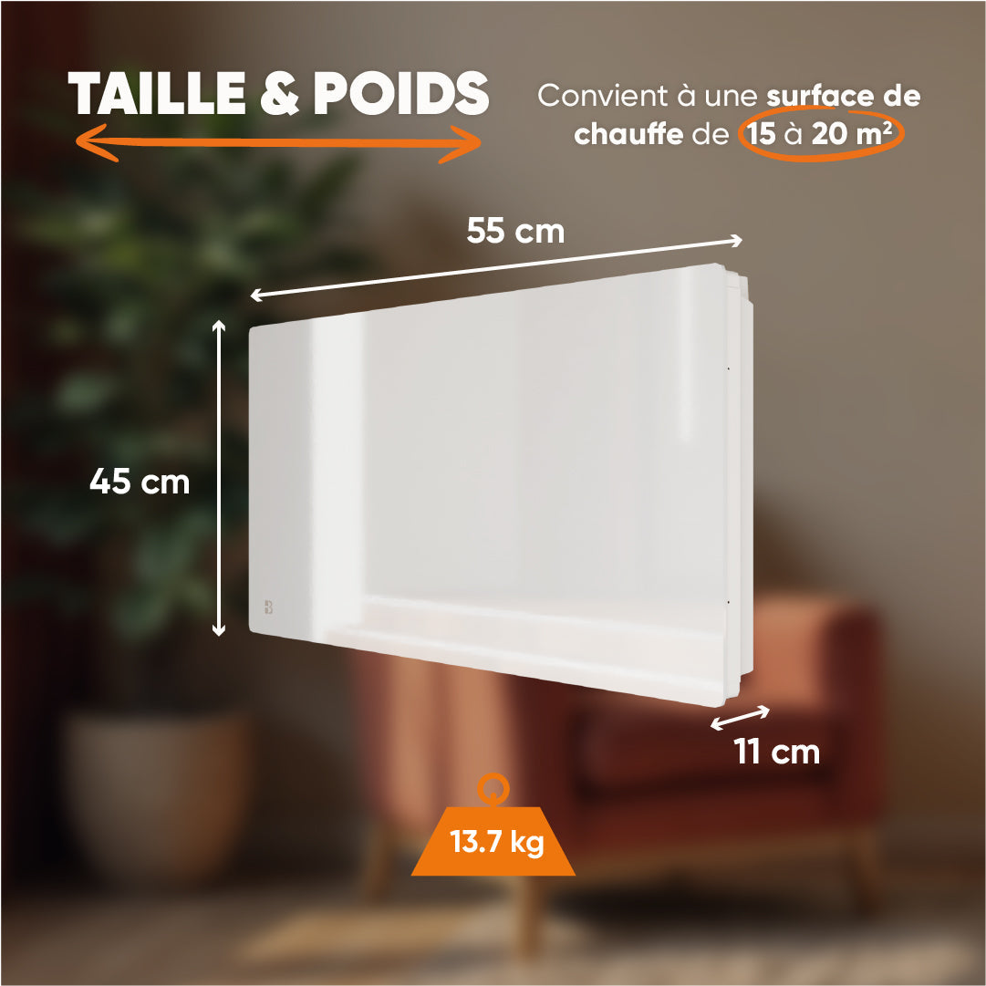 Radiatore elettrico fisso con frontale in vetro ceramico ad inerzia secca 2000W IRIS orizzontale bianco