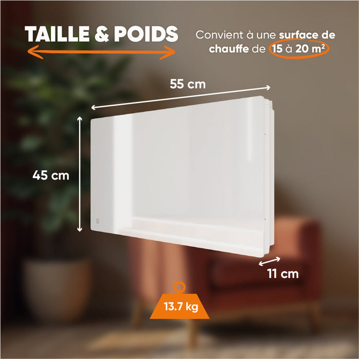 Radiatore elettrico fisso con frontale in vetro ceramico ad inerzia secca 2000W IRIS orizzontale bianco