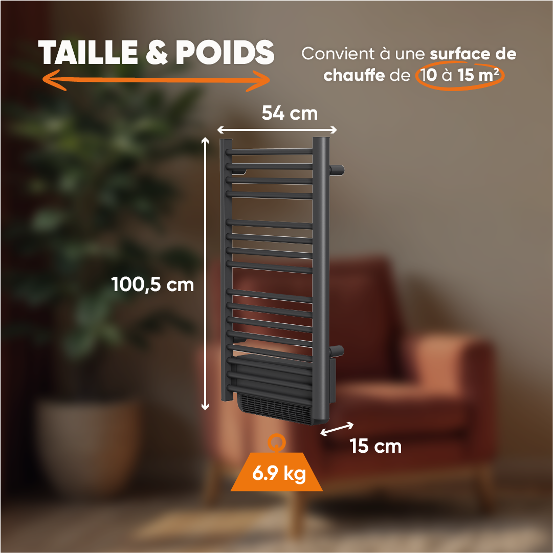 Scaldasalviette elettrico senza liquidi con soffiante 500W+1000W H.100,5xL54cm HESTIA nero