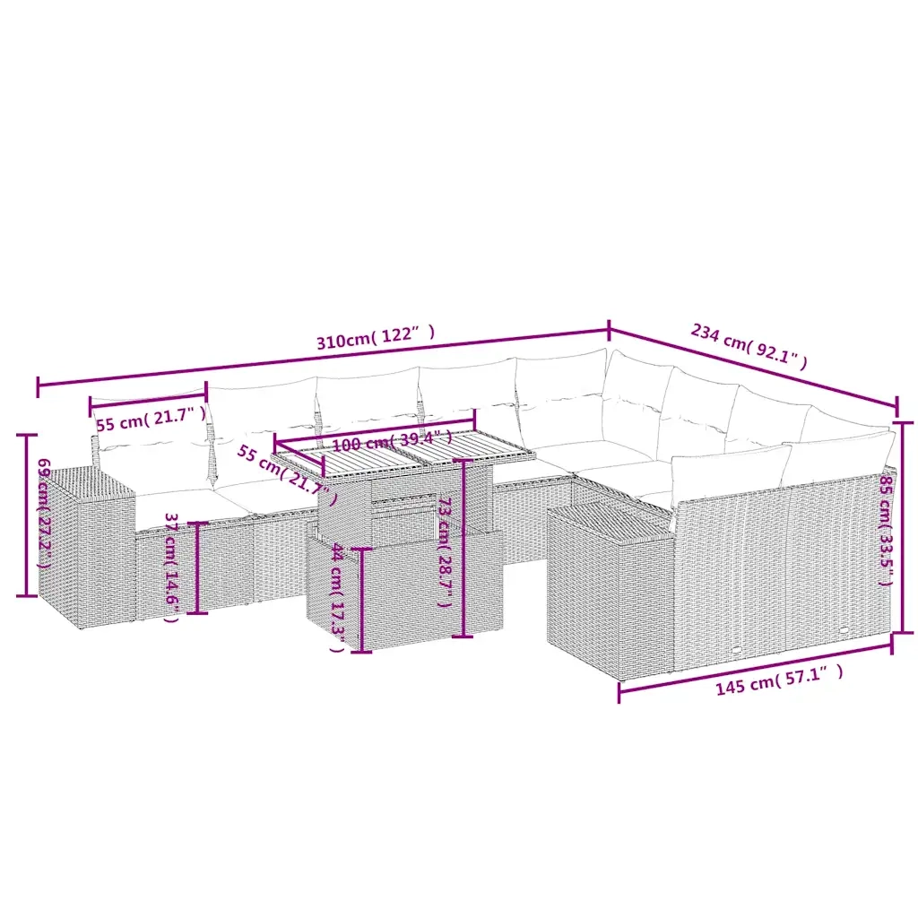 Set Divano da Giardino 10 pz con Cuscini Beige in Polyrattan