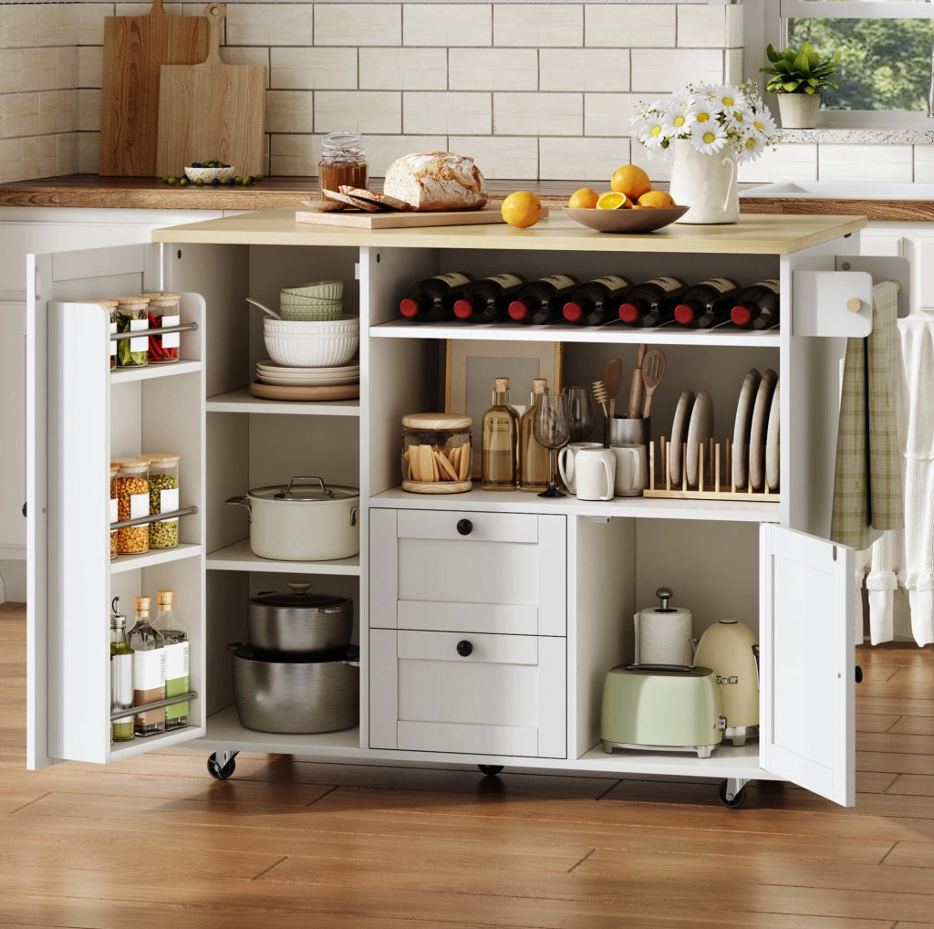 Isola da cucina con piano ribaltabile 104x45(69)x89 cm in MDF naturale e bianco